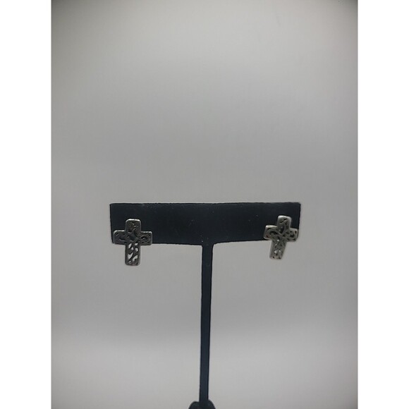 Vintage Earrings Pierced Post Stud Cross Cutout Silver Tone Jewelry Costume - Picture 1 of 12